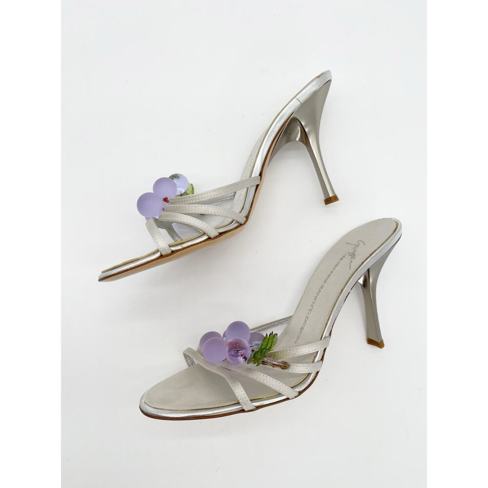 Giuseppe Zanotti Vintage Silver Satin Grape Embellished Mule Sandal Heels IT 38 - Picture 5 of 15